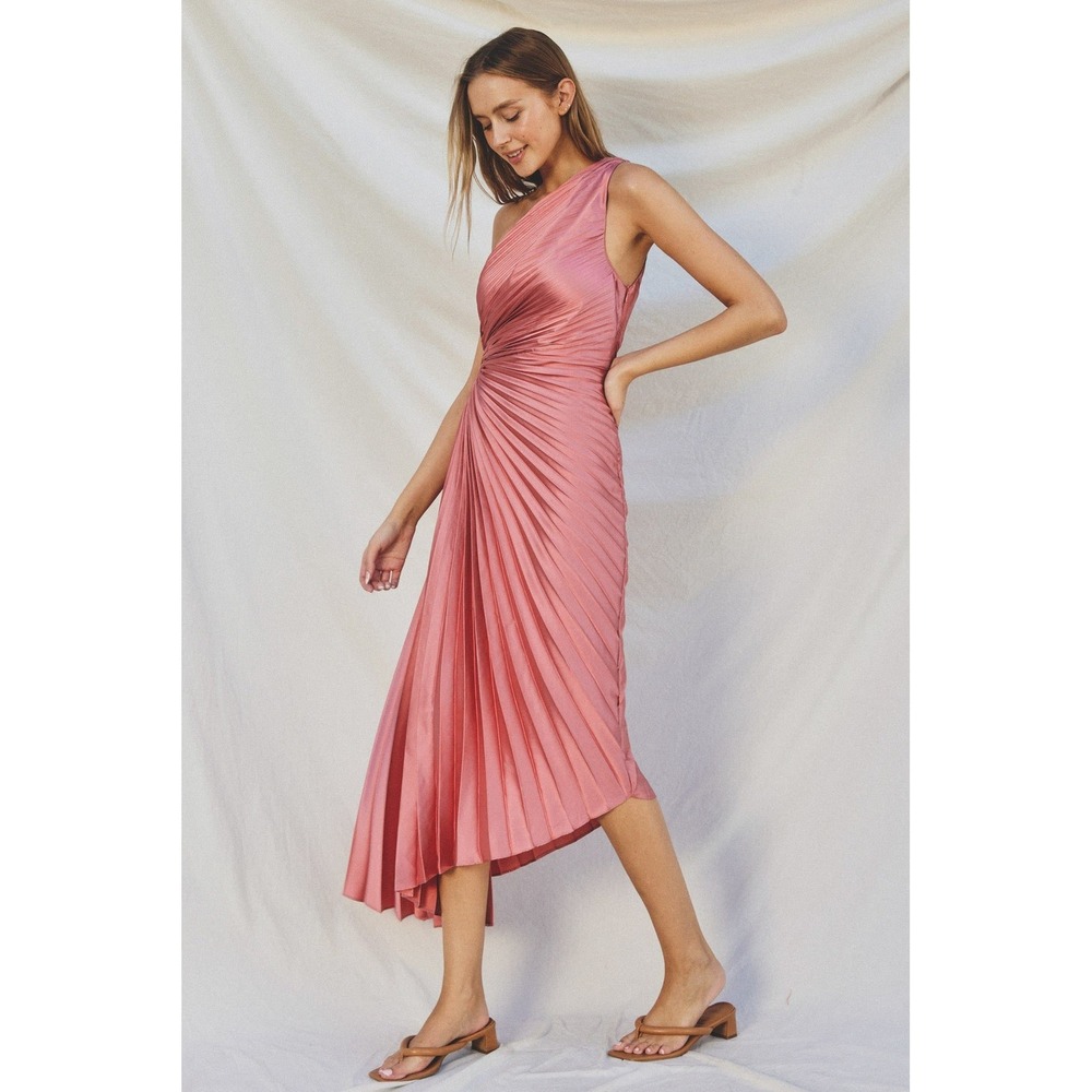 Uknztcl Rose Pink Satin One Shoulder Pleated Cocktail Dress Size 8 NWT